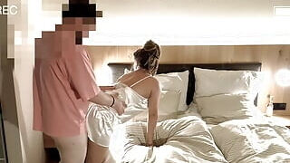 Curvy Secretary Sex After Work in White Satin Dress Filmed in Hotel Room