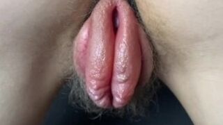 Milf fucks wet hairy mega pumped pussy with dildo