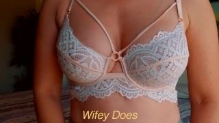 MILF hot lingerie. Big tits in white lace bra