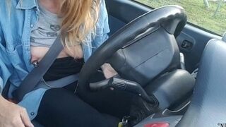 'nippleringlover flashing pierced tits with nipple chain while driving  big stretched pierced nipples'